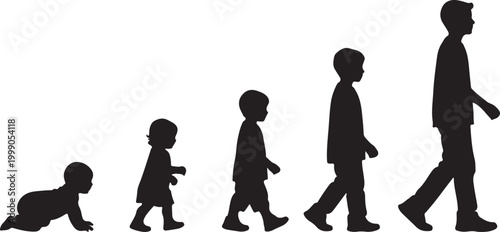 Progression of human development shown as silhouettes of a baby crawling, toddlers walking, and children growing, symbolizing life stages.
