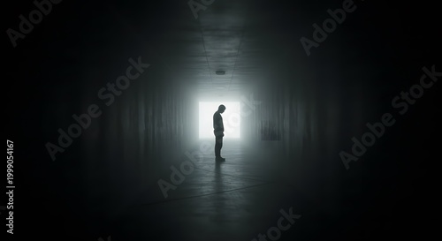 Silhouette of a person standing in a dark hallway with light at the end