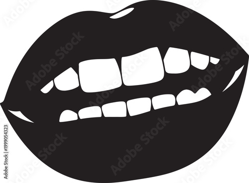 Black silhouette of an open mouth with sharp teeth and fangs, biting its lip, conveying a sense of danger, sensuality, or a vampire.