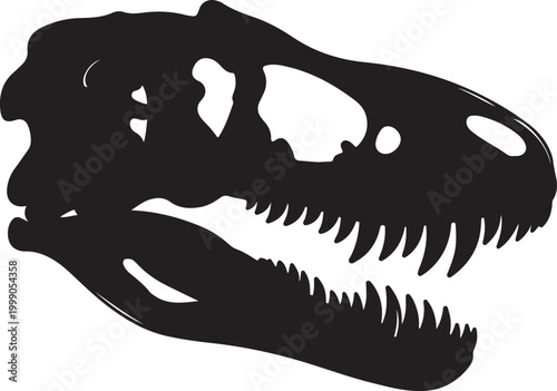 Detailed black silhouette of a Tyrannosaurus Rex skull, showcasing sharp teeth and ancient bone structure, representing paleontology and prehistoric power.