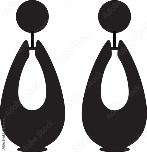 Minimalist black silhouette of two dangling earrings, each with a circular top and a teardrop-shaped pendant, representing jewelry and fashion accessories.