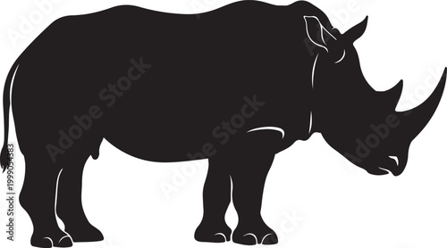Silhouette of a rhinoceros, a large herbivorous mammal with thick gray skin and one or two horns on its snout, isolated on a white background.