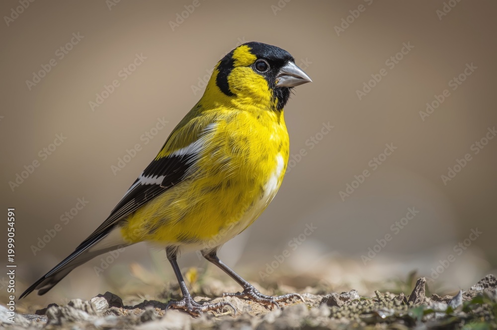 Fototapeta premium Lesser goldfinch standing on ground looking right