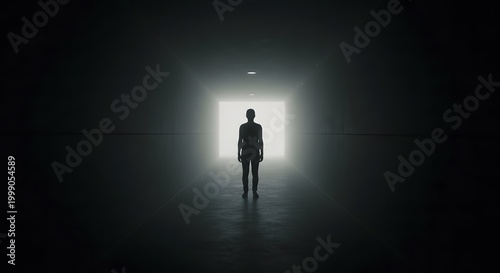 Silhouette of a person standing in a bright doorway at the end of a dark tunnel