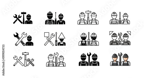 Industrial workers with repair tools, construction workers in hard hats, maintenance staff, and mechanics.