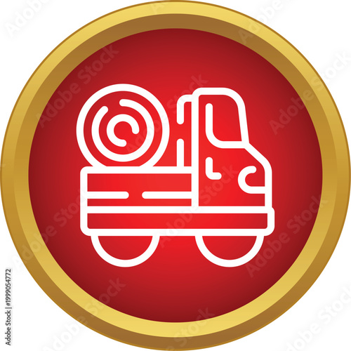 Farm truck delivering a round hay bale on a red circular button with a gold frame