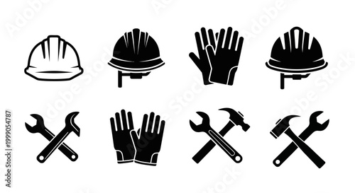 Industrial construction equipment set with protective hard hat gloves and tools icons on white background.