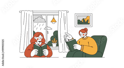 Illustration of a couple reading books on a couch and armchair in a cozy living room with a rainy window view.