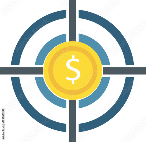 Dollar sign centered within target graphic represents financial goals, investment precision, economic focus.