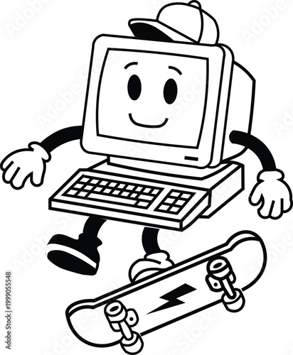 A cartoon computer character wearing a cap and riding a skateboard