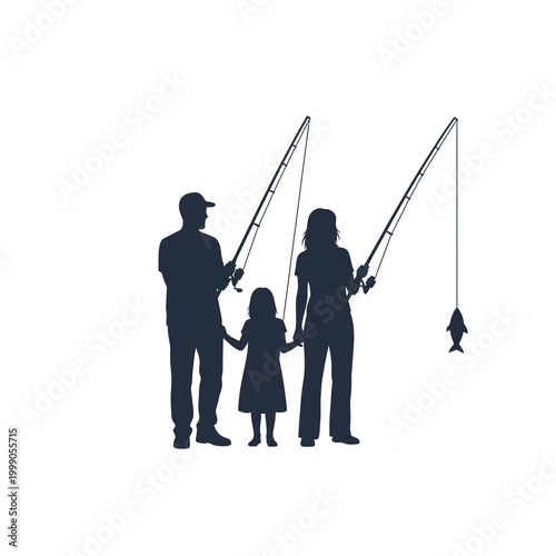 Dark silhouette of a family with a father, mother, and young daughter holding hands and fishing, parents holding rods, mother catching a fish, minimalist vector illustration on white.
