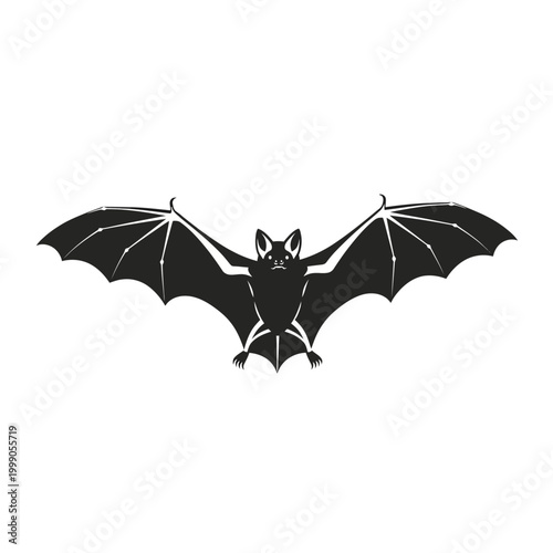 Black silhouette vector illustration of a bat with wide outstretched wings and visible anatomical details, isolated on white background, nocturnal flying mammal icon design.