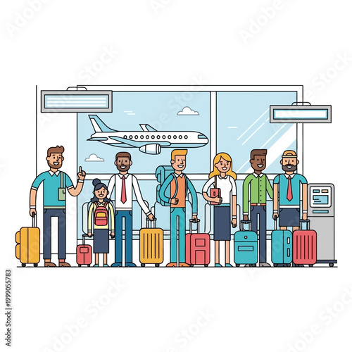 Flat vector illustration of a diverse group of travelers standing with luggage in an airport departure terminal, featuring a passenger airplane visible through the window and screens.
