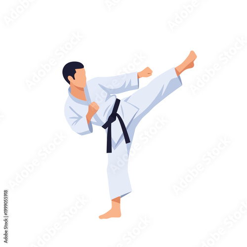 Flat vector illustration of a male martial arts athlete wearing a white gi and black belt, executing a high side kick or mawashi geri stance isolated on a plain white background.