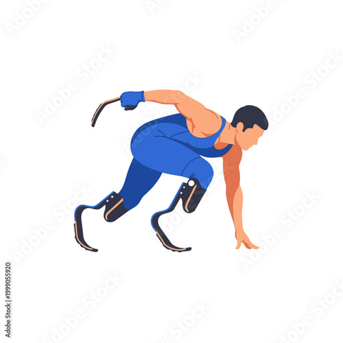 Vector illustration of a male para-athlete with prosthetic running blades in a crouched starting position on a white background, wearing a blue singlet for an athletic competition.