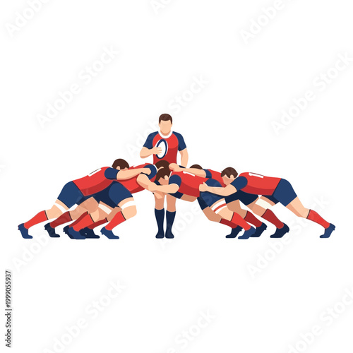 Flat vector illustration of a rugby union scrummage with players in red and blue uniforms pushing against each other while a referee or player holds the ball on a white background.