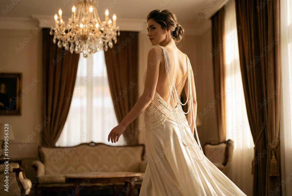 Fototapeta premium A gorgeous female walking through an opulent classic room wearing a stunning backless bridal dress adorned with detailed draped jewelry