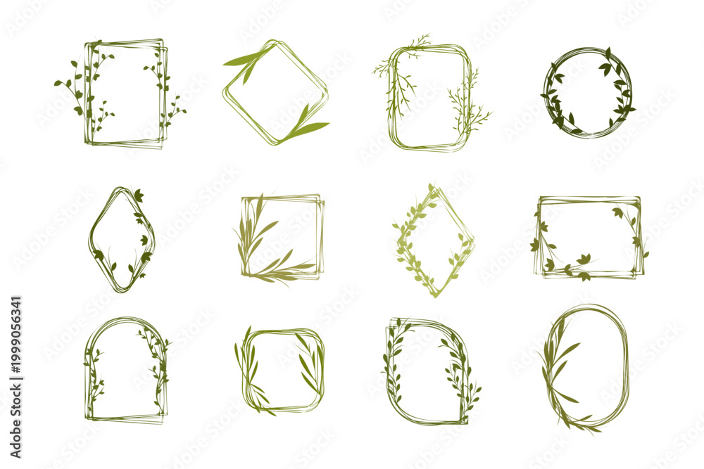 Obraz premium Twelve unique floral frames are displayed, each adorned with green leaves and vine elements. The frames come in various geometric and organic shapes, featuring a hand-drawn, rustic style.