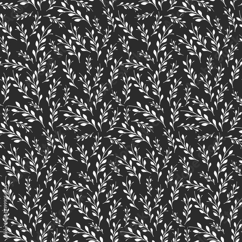 A beautiful seamless pattern features numerous white branches with small leaves, arranged densely on a dark background.