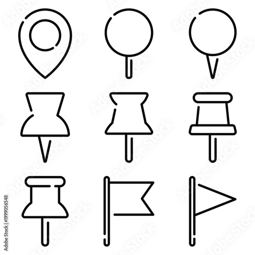 Map Pin and Flag Outline Icon Set isolated on transparent background.