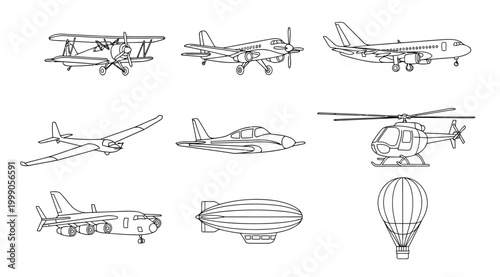 Set of various aircraft icons, including airplanes, helicopter, zeppelin, and hot air balloon