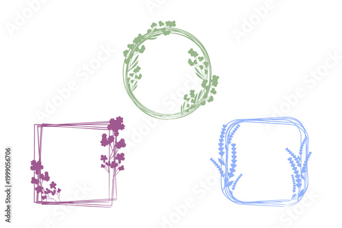 Three stylized floral frames adorn a clean white background. A green circular frame, a purple square frame, and a blue rounded square frame feature simple botanical elements.
