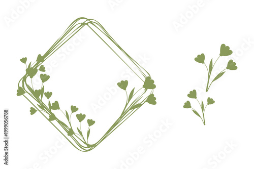 A green diamond shaped frame displays small heart shaped flowers and stems. The minimalist design includes a few floral elements growing around the frame.
