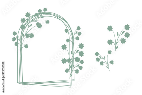 A decorative green floral arch frame with multiple thin lines stands on a white background, adorned with small, simple flowers and graceful stems.