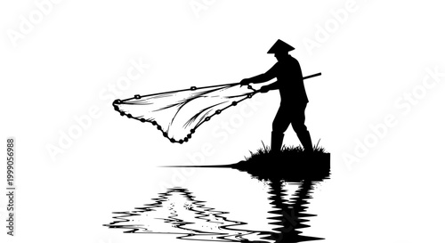Fisherman Silhouette Casting Net on Water Reflection Vector Illustration