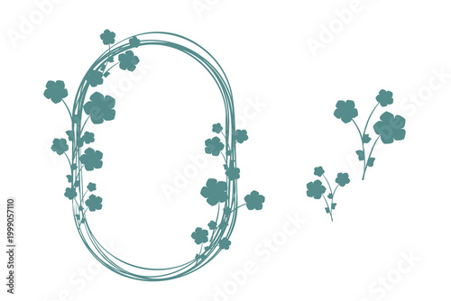 Stylized teal floral vines with small flowers elegantly wrap an oval frame and appear separately.