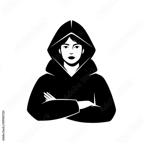 Woman in black hoodie with crossed arms minimalist vector illustration