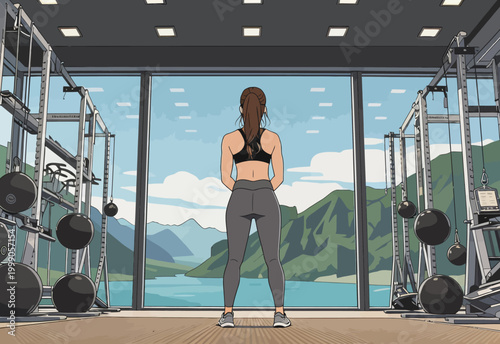 Female Athlete Standing in Modern Gym Overlooking Lake Scenery