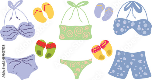 Set of 7 summer beach elements with swimsuits and sandals