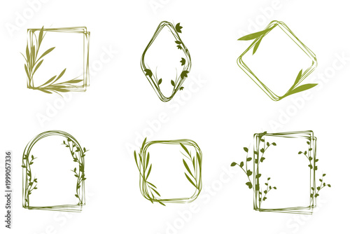 Six distinct green frames featuring various organic leaf and vine elements. Each border offers a unique botanical design, perfect for decorative accents and natural motifs.