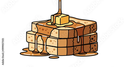 French toast stack with melting butter and pouring maple syrup