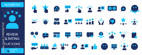 40 Review and Rating Flat Icons Set, customer feedback and satisfaction vector collection. User experience, testimonial, and service evaluation symbols for web and mobile UI/UX design.