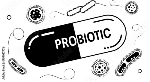 Probiotic capsule pill with bacteria and microorganisms, vector illustration.