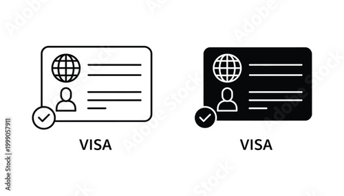 International visa card icon with globe symbol and checkmark for travel and identification verification