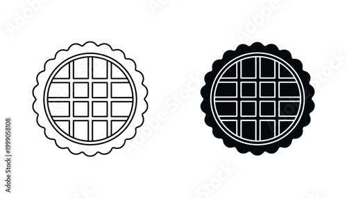 Round pie or tart dessert icon set featuring a scalloped edge and grid crust in outline and solid black styles for bakery and culinary design