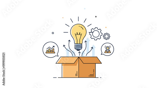 Creative thinking concept with bright light bulb emerging from open cardboard box with gears and financial growth charts for innovation.