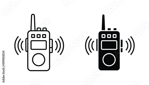 Portable walkie talkie radio communication device icon set in outline and solid black styles for emergency services and team coordination projects