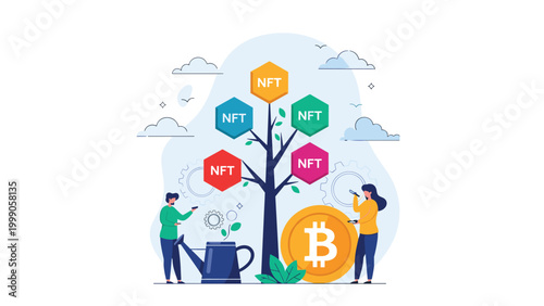 Digital asset growth concept showing people watering nft tree with colorful icons and large bitcoin coin representing crypto investment.