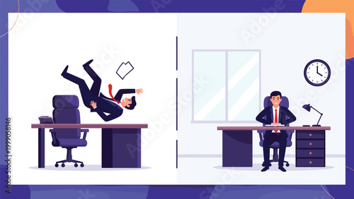 Comparison of workplace safety showing man falling from his chair versus professional businessman sitting securely and comfortably at desk.