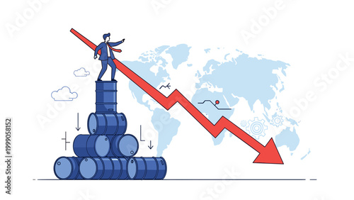 Global oil price collapse illustration showing businessman on stack of barrels watching red arrow decline over blue world map background.