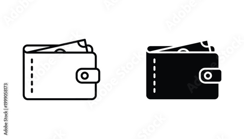 Slim pocket wallet icon set featuring currency insert in outline and solid black styles for mobile finance application interfaces