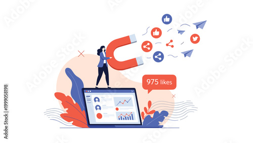 Social media marketing strategy showing woman using large magnet to attract likes and social media engagement icons from her laptop screen.