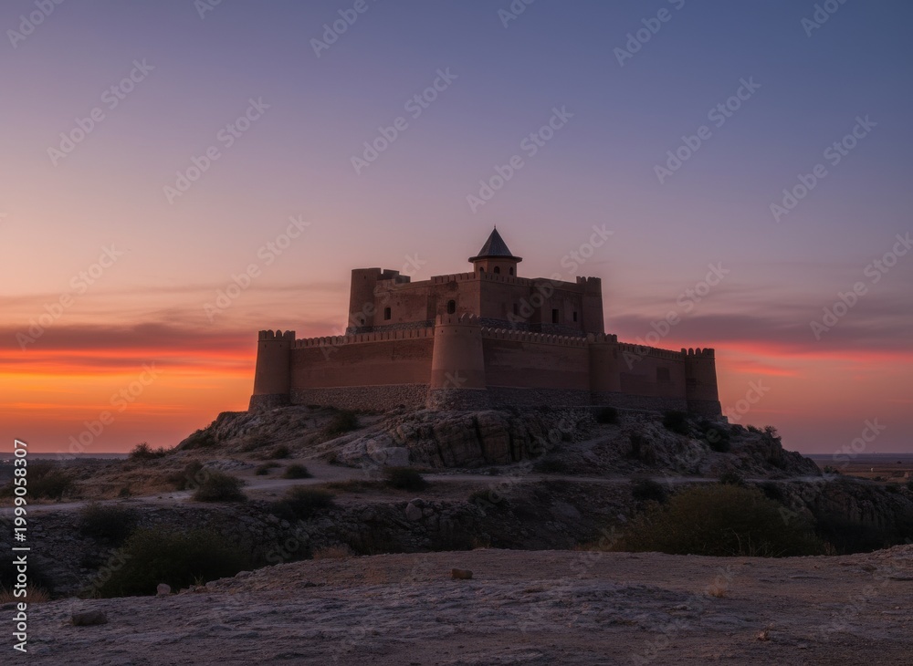 Obraz premium Ancient stone fortress on a hill at sunset, uzbekistan