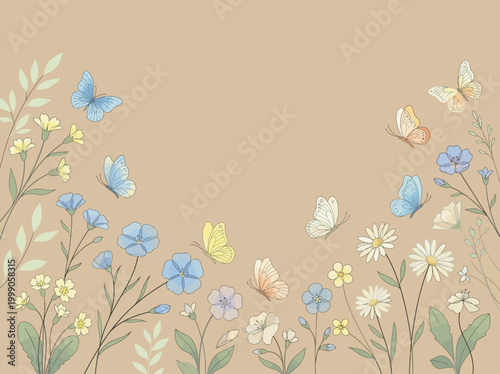 Fotografie Elegant Hand-Drawn Floral Background featuring Colorful Butterflies and Spring W
