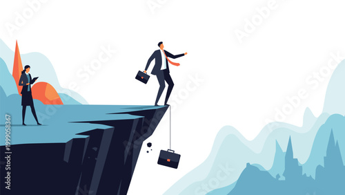Business risk and failure concept with professional man walking on edge of steep cliff while accidentally dropping his dark briefcase bag.