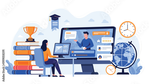 Online education and e-learning concept with student woman watching video lecture on computer surrounded by books and graduation cap.